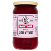 A 440g jar of Bartons Pickled Sliced Beetroot with a beige lid and white label featuring product details and a black-and-white person illustration, highlighting the classic Bartons beetroot taste.